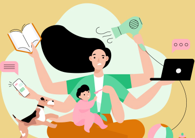 Illustration of mother juggling multiple tasks at home